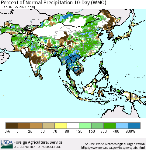 Asia Percent of Normal Precipitation 10-Day (WMO) Thematic Map For 1/16/2022 - 1/25/2022
