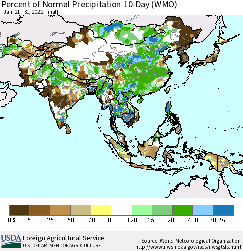 Asia Percent of Normal Precipitation 10-Day (WMO) Thematic Map For 1/21/2022 - 1/31/2022
