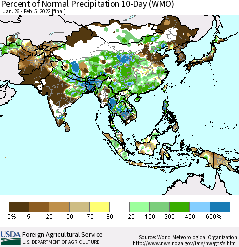 Asia Percent of Normal Precipitation 10-Day (WMO) Thematic Map For 1/26/2022 - 2/5/2022