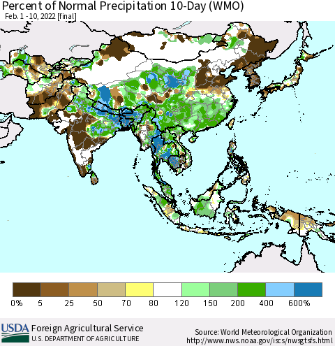 Asia Percent of Normal Precipitation 10-Day (WMO) Thematic Map For 2/1/2022 - 2/10/2022