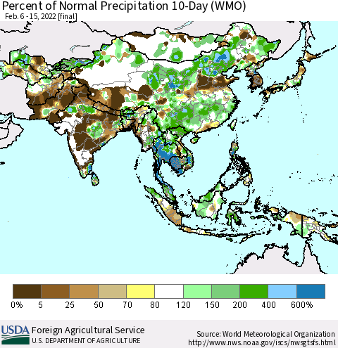 Asia Percent of Normal Precipitation 10-Day (WMO) Thematic Map For 2/6/2022 - 2/15/2022
