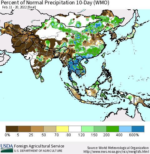 Asia Percent of Normal Precipitation 10-Day (WMO) Thematic Map For 2/11/2022 - 2/20/2022