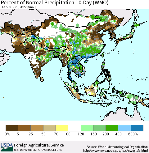 Asia Percent of Normal Precipitation 10-Day (WMO) Thematic Map For 2/16/2022 - 2/25/2022