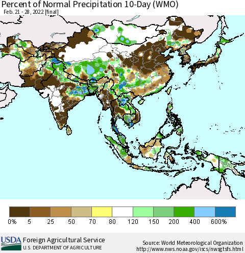 Asia Percent of Normal Precipitation 10-Day (WMO) Thematic Map For 2/21/2022 - 2/28/2022