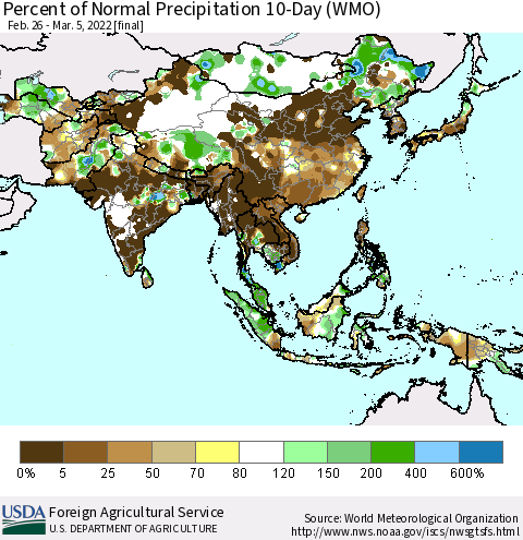 Asia Percent of Normal Precipitation 10-Day (WMO) Thematic Map For 2/26/2022 - 3/5/2022