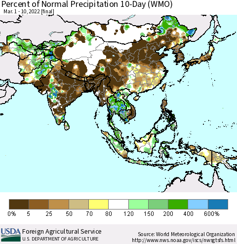 Asia Percent of Normal Precipitation 10-Day (WMO) Thematic Map For 3/1/2022 - 3/10/2022