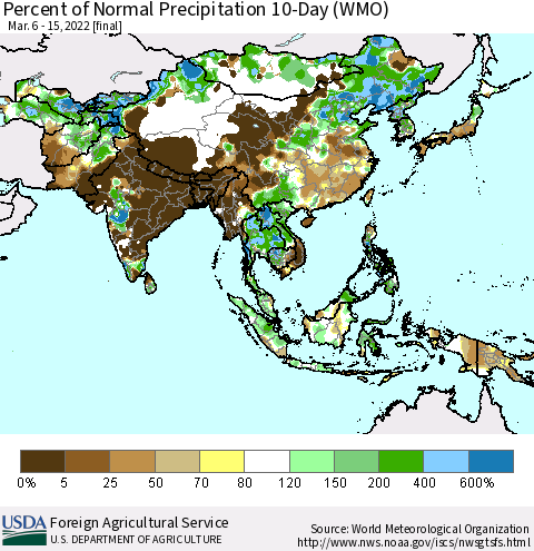 Asia Percent of Normal Precipitation 10-Day (WMO) Thematic Map For 3/6/2022 - 3/15/2022