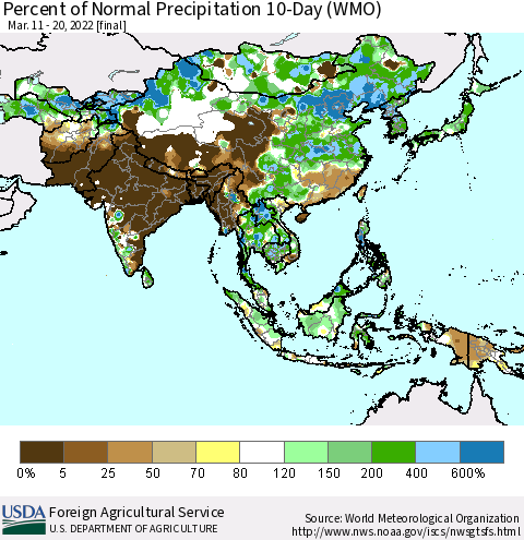 Asia Percent of Normal Precipitation 10-Day (WMO) Thematic Map For 3/11/2022 - 3/20/2022