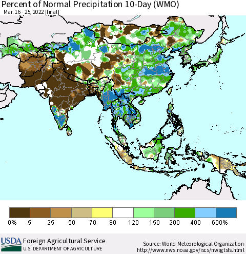 Asia Percent of Normal Precipitation 10-Day (WMO) Thematic Map For 3/16/2022 - 3/25/2022