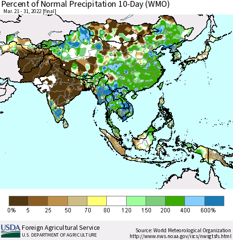 Asia Percent of Normal Precipitation 10-Day (WMO) Thematic Map For 3/21/2022 - 3/31/2022
