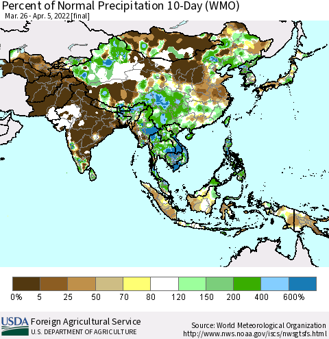 Asia Percent of Normal Precipitation 10-Day (WMO) Thematic Map For 3/26/2022 - 4/5/2022