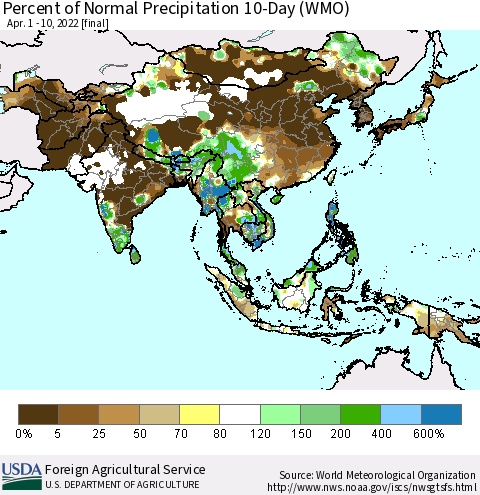 Asia Percent of Normal Precipitation 10-Day (WMO) Thematic Map For 4/1/2022 - 4/10/2022