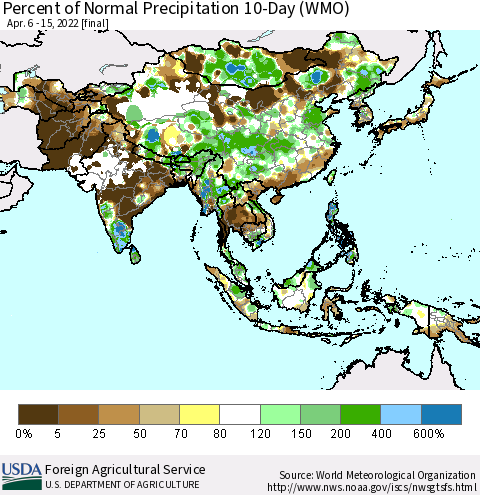 Asia Percent of Normal Precipitation 10-Day (WMO) Thematic Map For 4/6/2022 - 4/15/2022