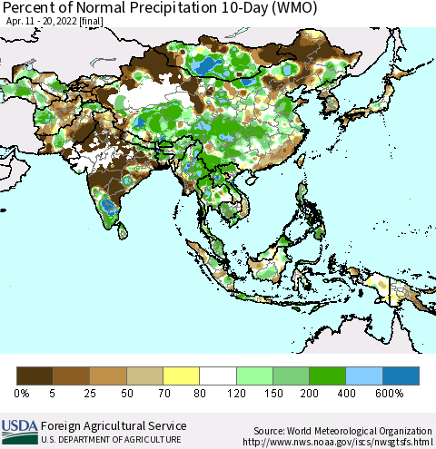 Asia Percent of Normal Precipitation 10-Day (WMO) Thematic Map For 4/11/2022 - 4/20/2022