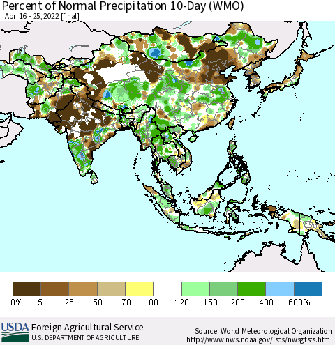 Asia Percent of Normal Precipitation 10-Day (WMO) Thematic Map For 4/16/2022 - 4/25/2022