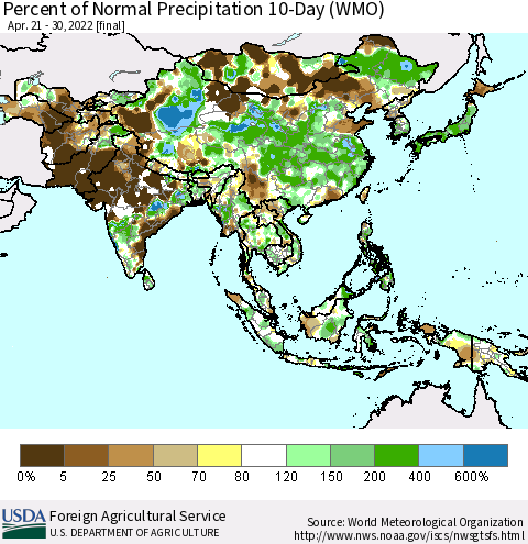 Asia Percent of Normal Precipitation 10-Day (WMO) Thematic Map For 4/21/2022 - 4/30/2022