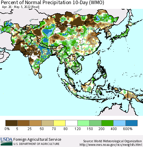 Asia Percent of Normal Precipitation 10-Day (WMO) Thematic Map For 4/26/2022 - 5/5/2022