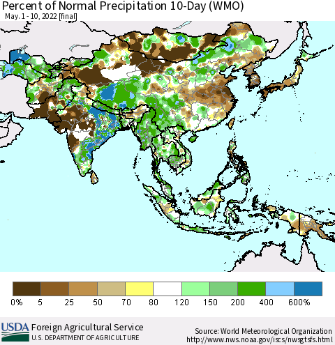 Asia Percent of Normal Precipitation 10-Day (WMO) Thematic Map For 5/1/2022 - 5/10/2022