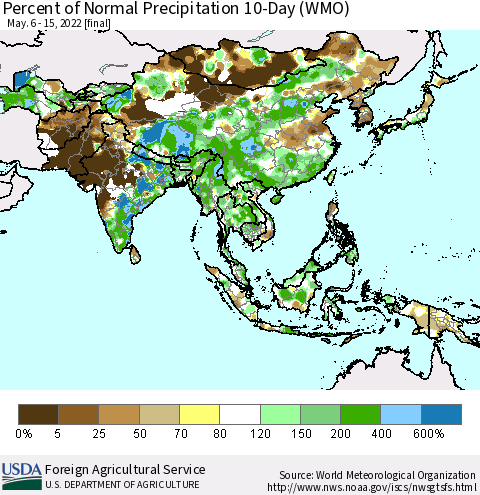 Asia Percent of Normal Precipitation 10-Day (WMO) Thematic Map For 5/6/2022 - 5/15/2022