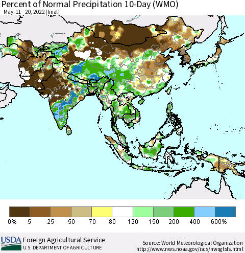 Asia Percent of Normal Precipitation 10-Day (WMO) Thematic Map For 5/11/2022 - 5/20/2022