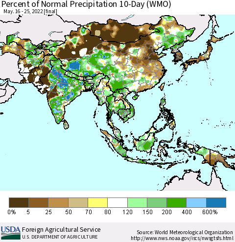 Asia Percent of Normal Precipitation 10-Day (WMO) Thematic Map For 5/16/2022 - 5/25/2022