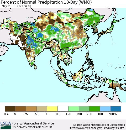 Asia Percent of Normal Precipitation 10-Day (WMO) Thematic Map For 5/21/2022 - 5/31/2022