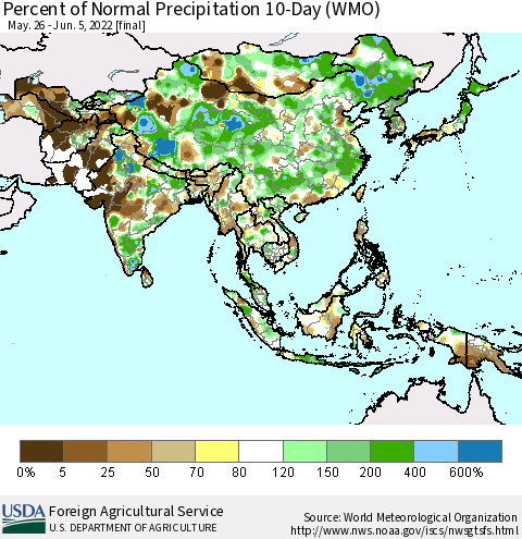 Asia Percent of Normal Precipitation 10-Day (WMO) Thematic Map For 5/26/2022 - 6/5/2022