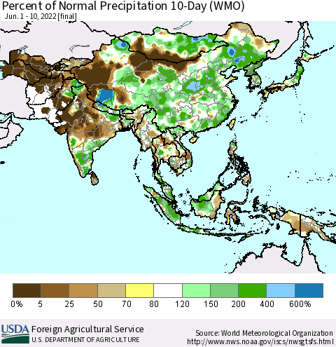 Asia Percent of Normal Precipitation 10-Day (WMO) Thematic Map For 6/1/2022 - 6/10/2022