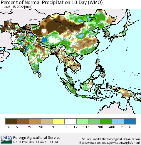 Asia Percent of Normal Precipitation 10-Day (WMO) Thematic Map For 6/6/2022 - 6/15/2022