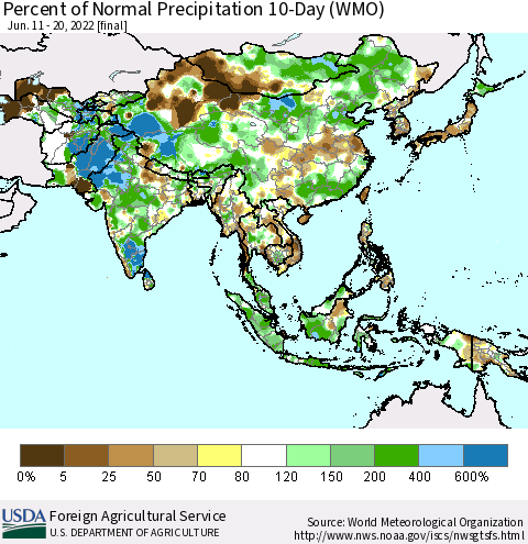 Asia Percent of Normal Precipitation 10-Day (WMO) Thematic Map For 6/11/2022 - 6/20/2022