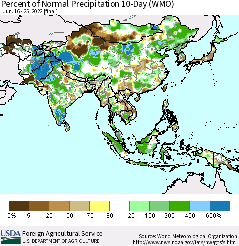 Asia Percent of Normal Precipitation 10-Day (WMO) Thematic Map For 6/16/2022 - 6/25/2022