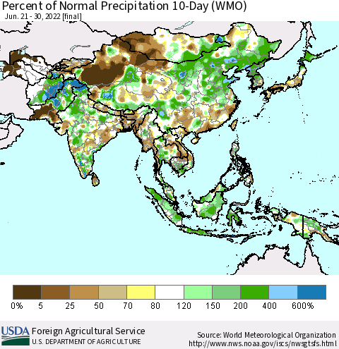Asia Percent of Normal Precipitation 10-Day (WMO) Thematic Map For 6/21/2022 - 6/30/2022