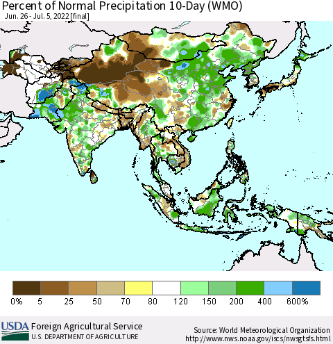 Asia Percent of Normal Precipitation 10-Day (WMO) Thematic Map For 6/26/2022 - 7/5/2022