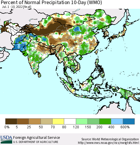 Asia Percent of Normal Precipitation 10-Day (WMO) Thematic Map For 7/1/2022 - 7/10/2022