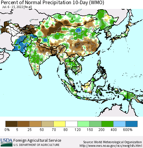 Asia Percent of Normal Precipitation 10-Day (WMO) Thematic Map For 7/6/2022 - 7/15/2022