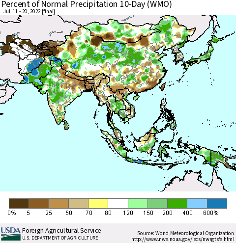 Asia Percent of Normal Precipitation 10-Day (WMO) Thematic Map For 7/11/2022 - 7/20/2022