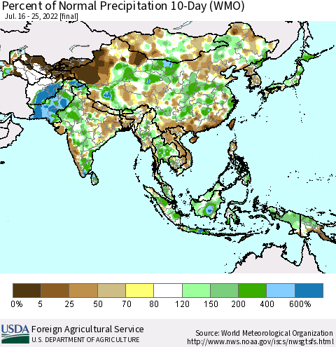 Asia Percent of Normal Precipitation 10-Day (WMO) Thematic Map For 7/16/2022 - 7/25/2022