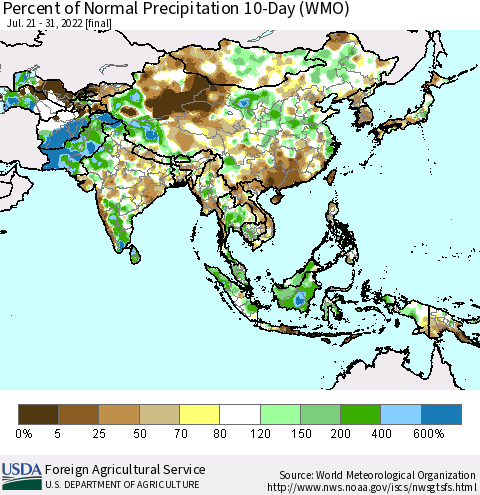 Asia Percent of Normal Precipitation 10-Day (WMO) Thematic Map For 7/21/2022 - 7/31/2022