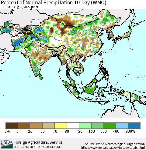 Asia Percent of Normal Precipitation 10-Day (WMO) Thematic Map For 7/26/2022 - 8/5/2022