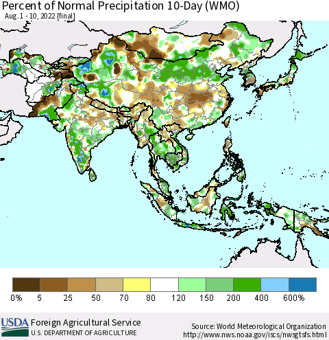 Asia Percent of Normal Precipitation 10-Day (WMO) Thematic Map For 8/1/2022 - 8/10/2022