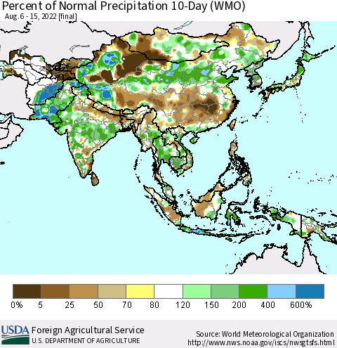 Asia Percent of Normal Precipitation 10-Day (WMO) Thematic Map For 8/6/2022 - 8/15/2022