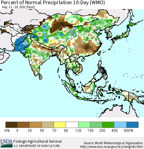Asia Percent of Normal Precipitation 10-Day (WMO) Thematic Map For 8/11/2022 - 8/20/2022