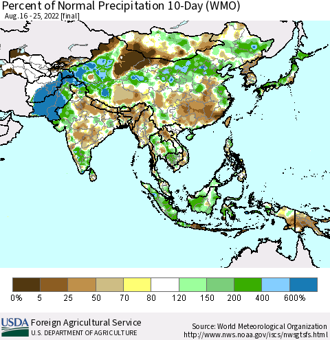 Asia Percent of Normal Precipitation 10-Day (WMO) Thematic Map For 8/16/2022 - 8/25/2022