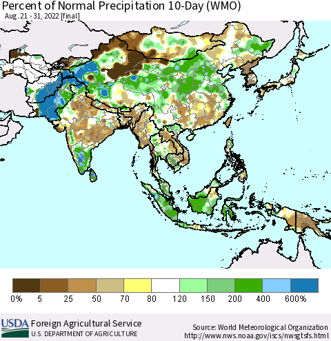 Asia Percent of Normal Precipitation 10-Day (WMO) Thematic Map For 8/21/2022 - 8/31/2022