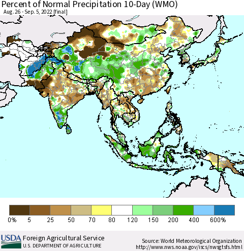 Asia Percent of Normal Precipitation 10-Day (WMO) Thematic Map For 8/26/2022 - 9/5/2022