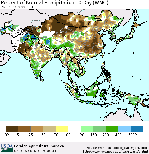 Asia Percent of Normal Precipitation 10-Day (WMO) Thematic Map For 9/1/2022 - 9/10/2022