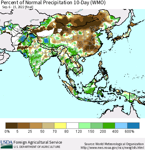 Asia Percent of Normal Precipitation 10-Day (WMO) Thematic Map For 9/6/2022 - 9/15/2022