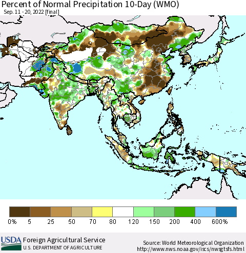 Asia Percent of Normal Precipitation 10-Day (WMO) Thematic Map For 9/11/2022 - 9/20/2022