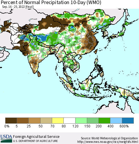 Asia Percent of Normal Precipitation 10-Day (WMO) Thematic Map For 9/16/2022 - 9/25/2022
