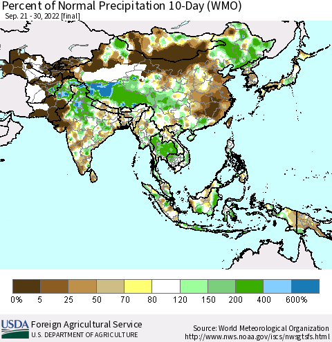 Asia Percent of Normal Precipitation 10-Day (WMO) Thematic Map For 9/21/2022 - 9/30/2022